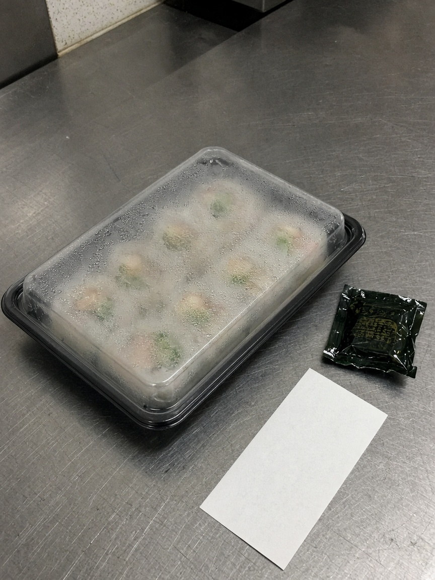 Fogged takeaway sushi lid on a scratched kitchen counter