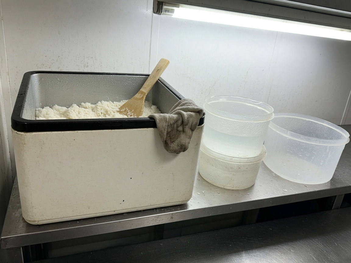 Rice cooler and plastic tubs on a kitchen shelf
