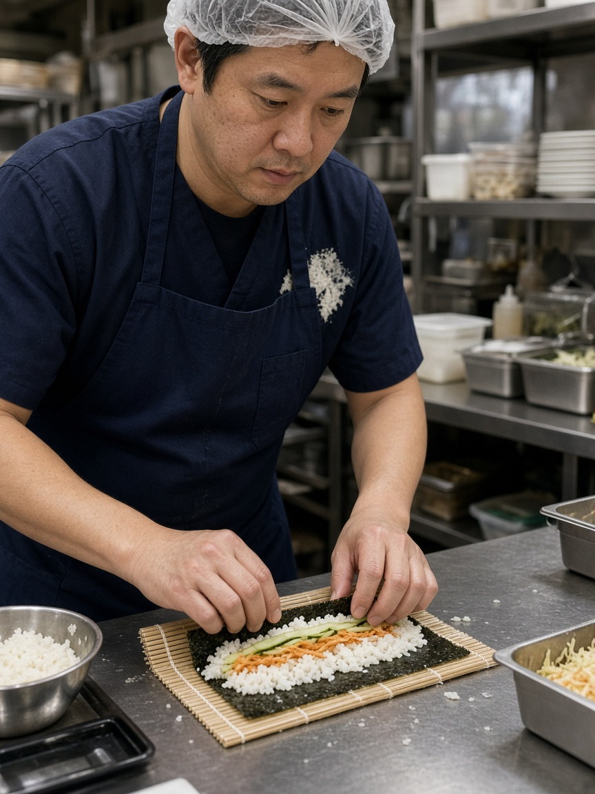 Cook rolling sushi at a stainless bench