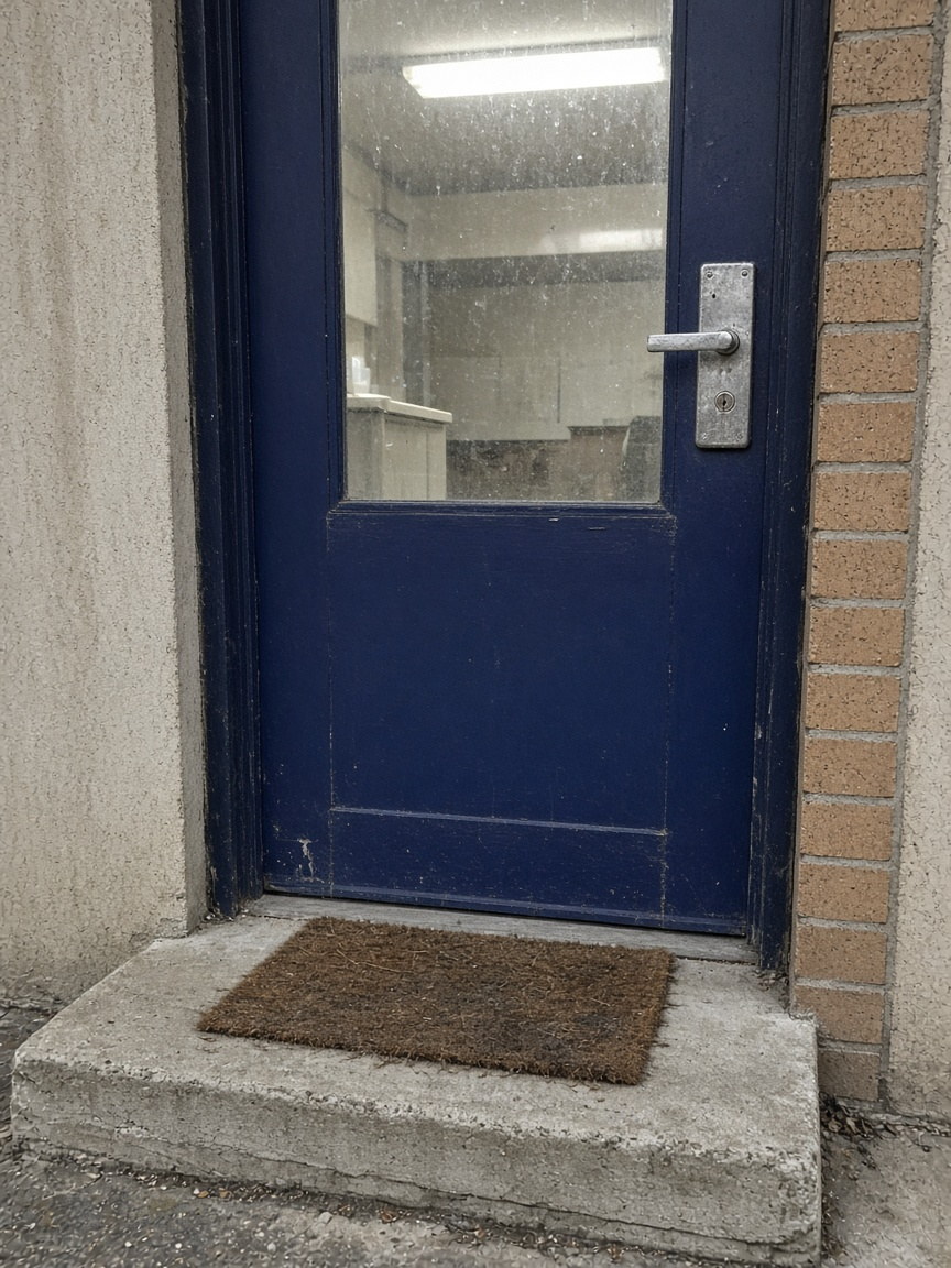 Indigo unit door of the sushi kitchen, concrete step