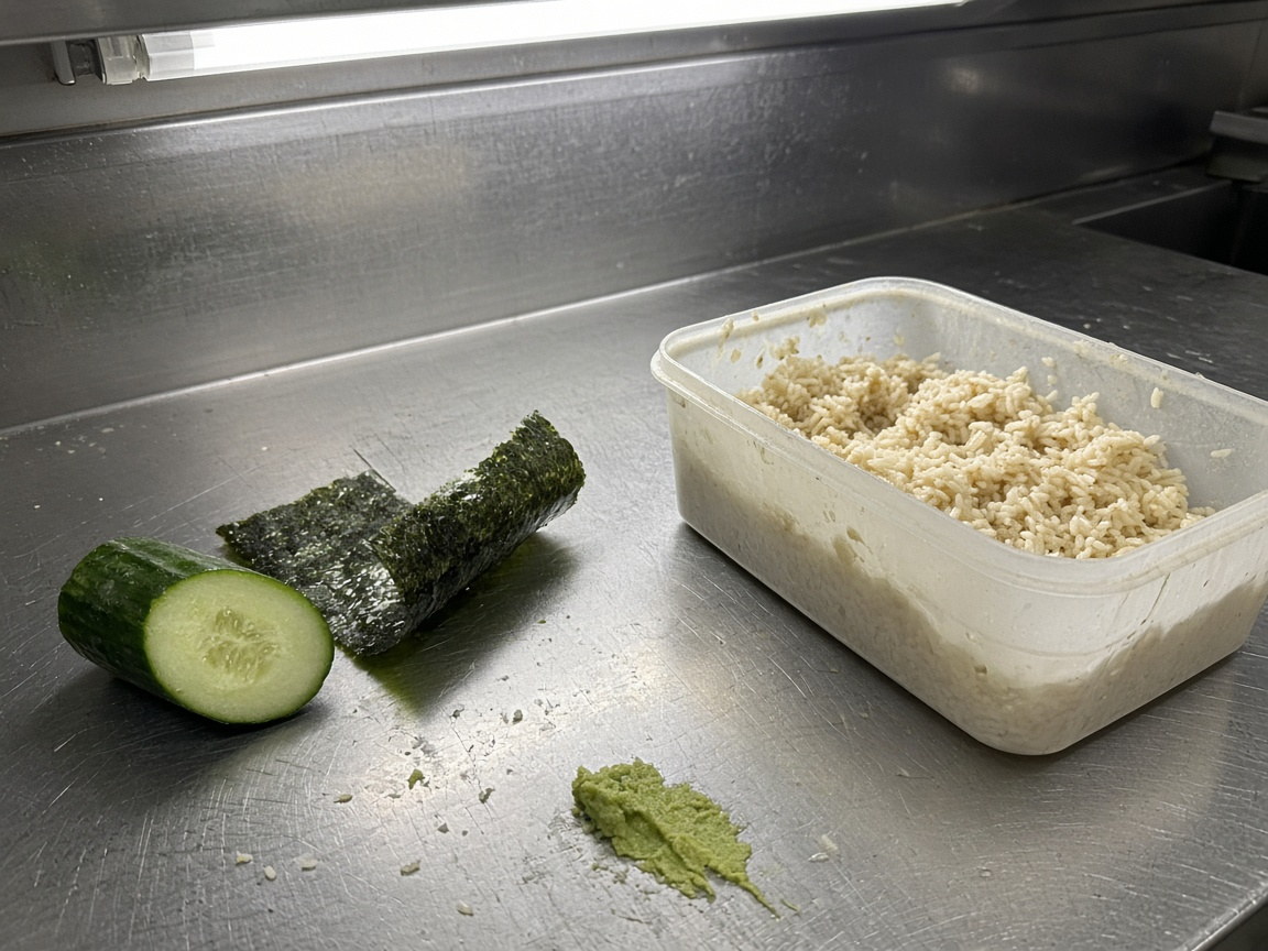 Stainless sushi board with cucumber, nori and rice tub after an order